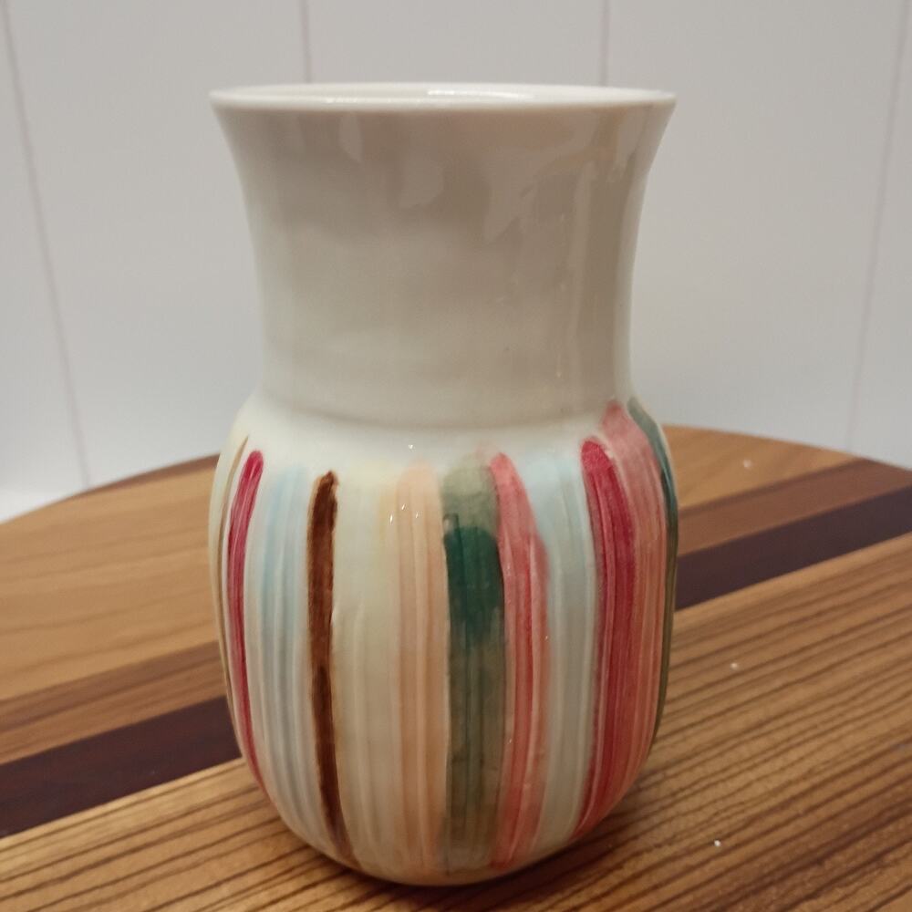 Studio Art Pottery Ceramic Vase Hand Painted Multi Color Pastel Stripes 6" Small
